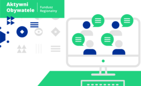 Rysunek komputera - na ekranie osoby uczestniczące w spotkaniu online. W lewym górnym rogu napis: Aktywni Obywatele - Fundusz Regionalny.