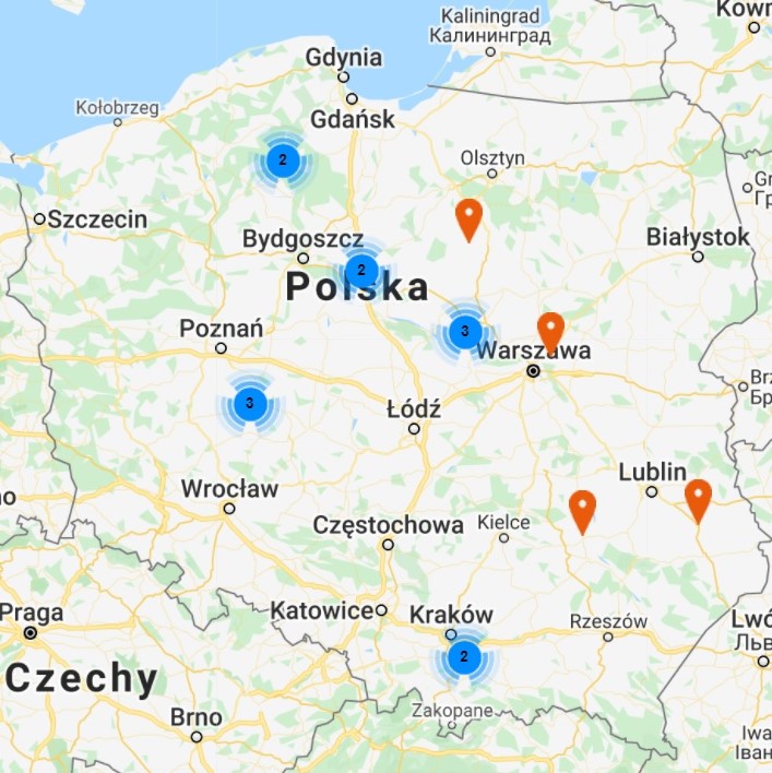 Mapa Polski ze znacznikami w miejscach, gdzie działają członkinie i członkowie Grupy InicJaTyWy